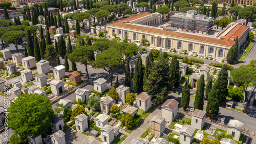 Aerial view of Campo Verano, a monumental cemetery located in the historic center of Rome, Italy. The cemetery has Christian catacombs and many graves of famous people. 
