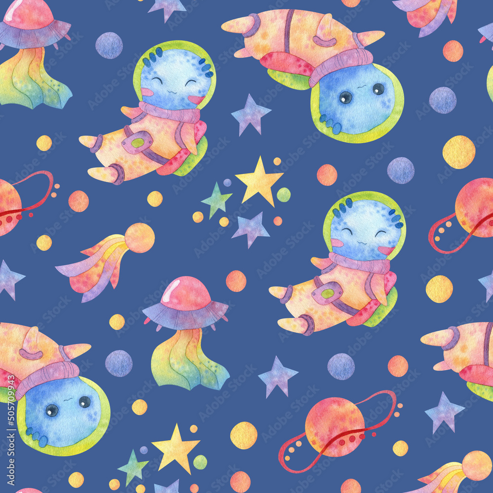 Seamless pattern. Watercolor Space. Cartoon Alien, rockets, planets. On a blue background