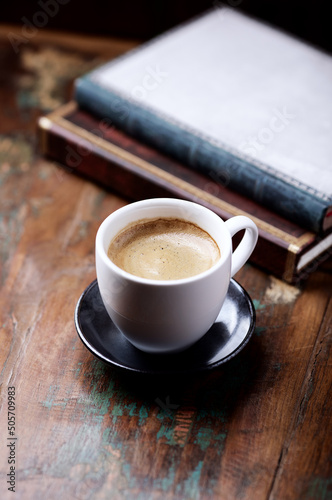Cup of coffee on rustic wooden background. Close up. Copy space.                                                                                       
