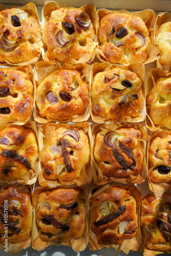 Dough balls, focaccia bread with onion and olives