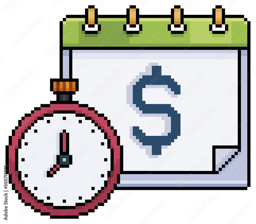 Pixel art investment duration. calendar and stopwatch vector icon for 8bit game on white background
Pixel art investment duration. calendar and stopwatch vector icon for 8bit game on white background