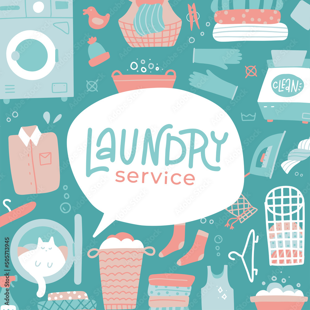 Ταπετσαρία Laundry service banner with flat icons and lettering