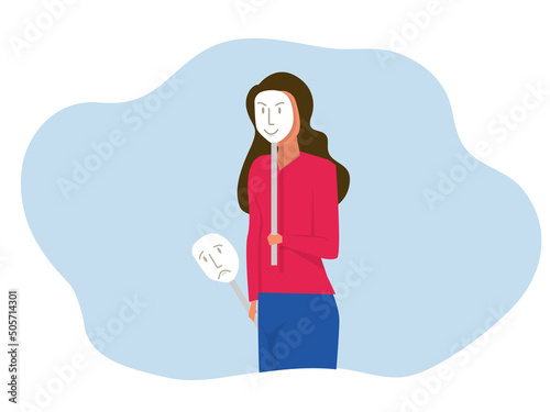 imposter syndrome, Girls trying on carnival masks with happy or sad expressions.