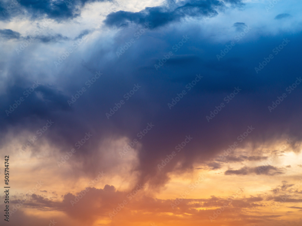 Colorful dramatic cloudy sky at sunset. bright sunset sky background, beautiful natural landscape