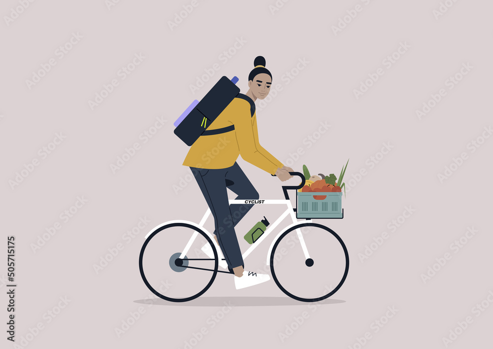 A young female Asian character riding a bike with a crate full of vegetables and fruits A young female Asian character riding a bike with a crate full of vegetables and fruits