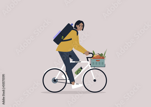 A young female Caucasian character riding a bike with a crate full of vegetables and fruits