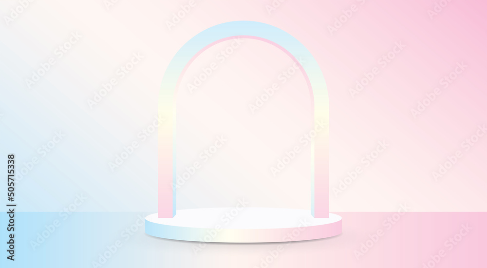 trendy sweet pastel gradient color arch with podium product display 3d illustration vector for putting your cute object