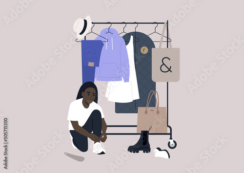 A rail of clothes hanging on hangers, fashion concept, a female African character trying different pairs of shoes on, an in-store shopping