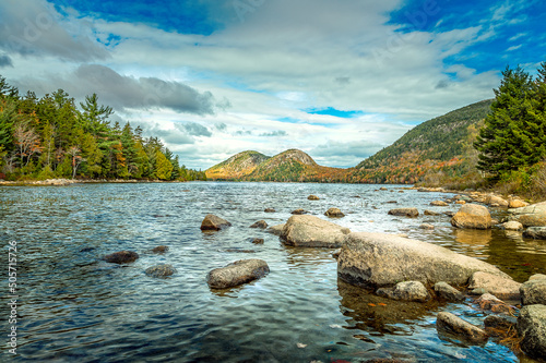 Scenery with boulders at the Jordan Pond in the Acadia National Park, Maine USA photo