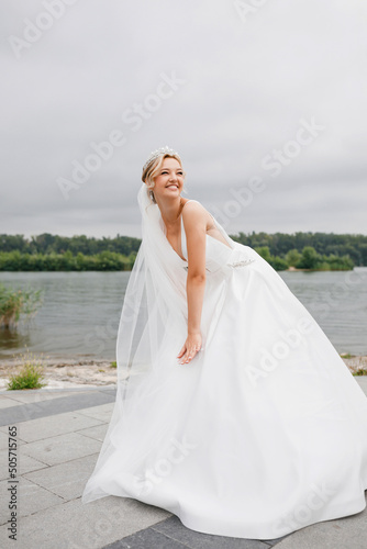 Enchanting blonde bride in a wedding dress with a long beautiful veil. A tiara on her head