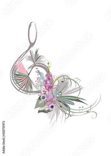 Abstract nature treble clef decorated with summer and spring flowers, notes, birds. Light and relax music. Hand drawn vector illustration.