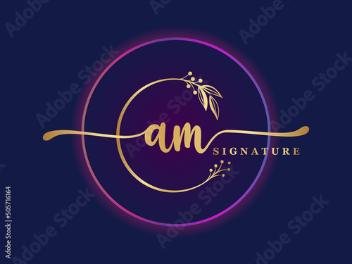 luxury gold signature initial am logo design isolated leaf and flower