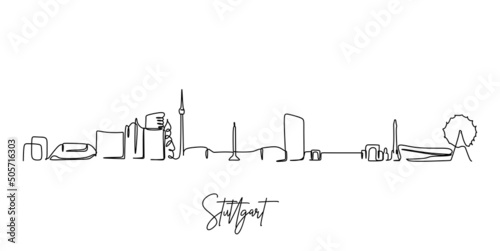 One continuous line drawing Stuttgart city skyline Germany. Beautiful skyscraper. World landscape tourism travel vacation wall decor poster concept. Stylish single line draw design vector illustration