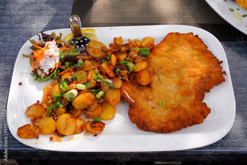 Obraz na płótnie Wiener Schnitzel mit Bratkartoffeln und Salat w salonie