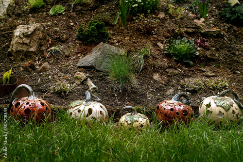 фотографія Ceramics Halloween pumpkins in interior