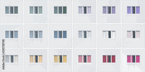 Dormitory area. Windows vector set. Part of the facade of a panel house. Eastern European architecture. 