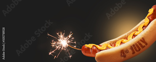 tasty american hotdog fireworks. 4th july holiday concept. creative explose of good taste