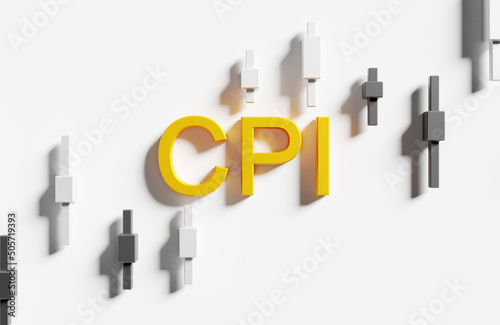 Consumer price index - cpi sign in gold letters, top view, chart from the Forex market with Japanese candlesticks, the concept of trading on the news in fundamental analysis, 3D rendering