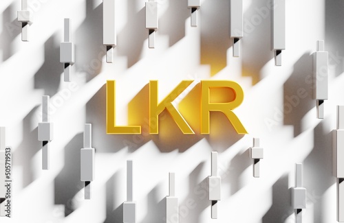 Sri Lankan Rupee sign on a light background with a forex market chart in the form of Japanese candlesticks, the rise and fall of the LKR currency with high volatility, 3D rendering photo
