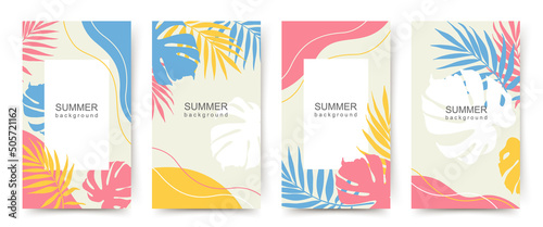 Summer background with tropical palm leaves in pink blue and yellow. Abstract banner with jungle beach theme. Set of backgrounds for social media post, sale, flyer, postcard, poster