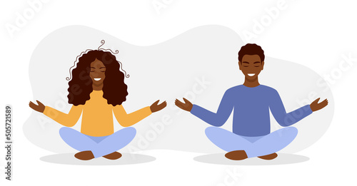 Young couple meditating together. African woman and man in casual clothes sitting with closed eyes on the mat in the lotus position. Vector illustration in flat style