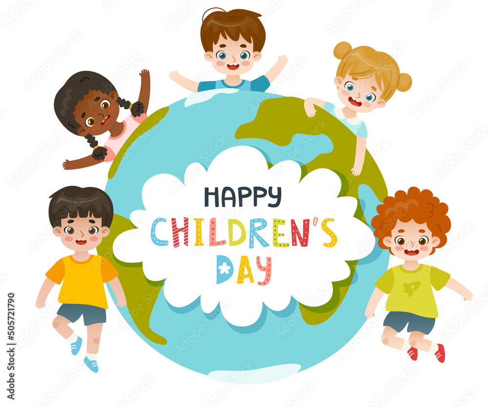 Children's day celebration banner. Diverse happy kids around the planet earth. Adorable cartoon toddlers with world globe. Children's day celebration banner. Diverse happy kids around the planet earth. Adorable cartoon toddlers with world globe.