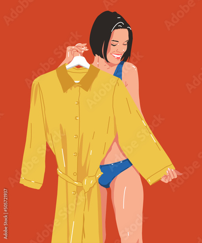 Shopping, fashion, clothes, style, and people concept - Happy women try wearing a yellow coat at Home or a clothing store. Vector illustration. (ID: 505721937)