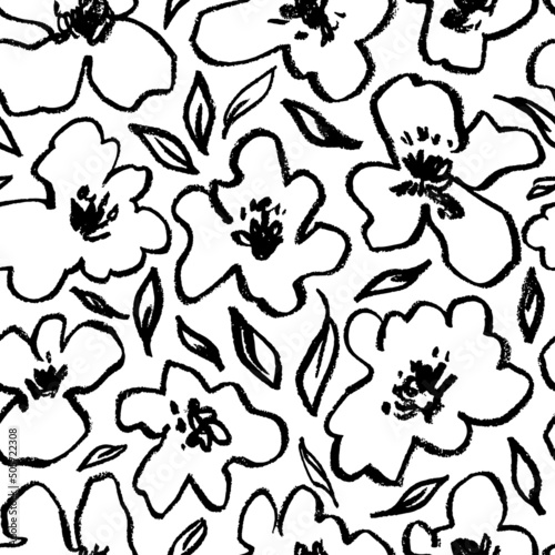 Abstract modern charcoal line flowers. Hand drawn vector botanical seamless pattern. Hand drawing childish vector elements. Sketch botanical drawing. Poppies, chamomile, peony and daisy. 