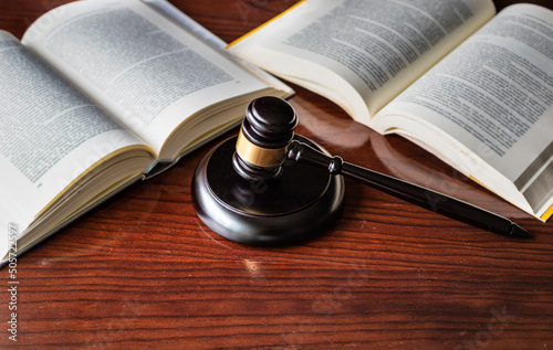 Judge's gavel and wooden block on books. Conceptual justice, law, right, auctions, criminal procedure