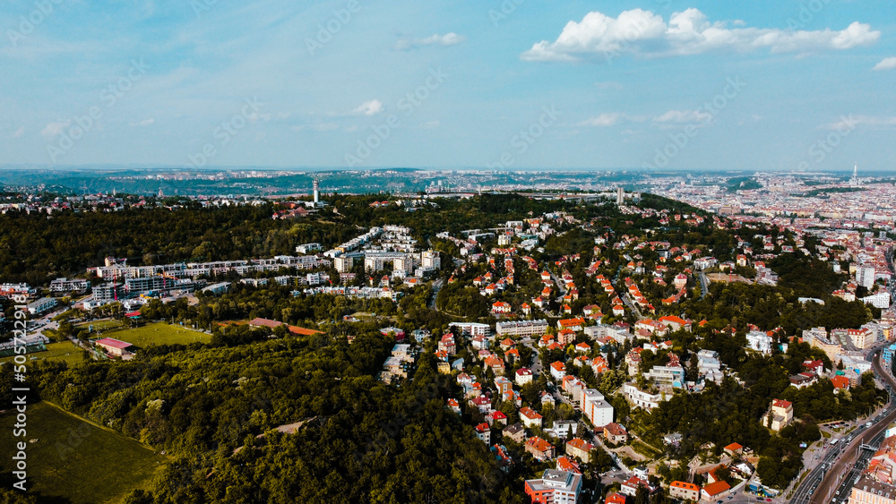 Aerial photography of a Prague suburb in the summer.