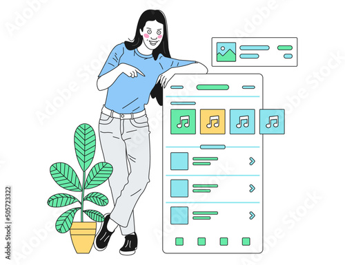 Smiling woman pointing with finger at a model of smartphone, UI UX Flow, Wireframe design, vector illustration. (ID: 505723322)