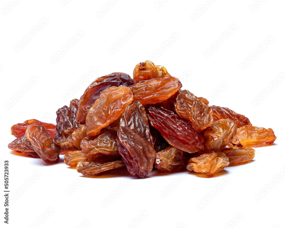 Close up photo of dried grape on isolated white background.
