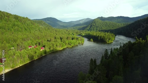 Panoramic Nature Video is a stock video that shows fine footage of Siberian river. Flying a drone camera over the rapids of Siberian mountain river and picturesque forest. Scenic nature video.