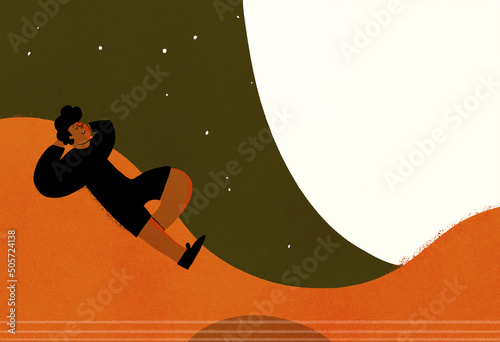 Man laying in big guitar with moon and stars behing (ID: 505724138)