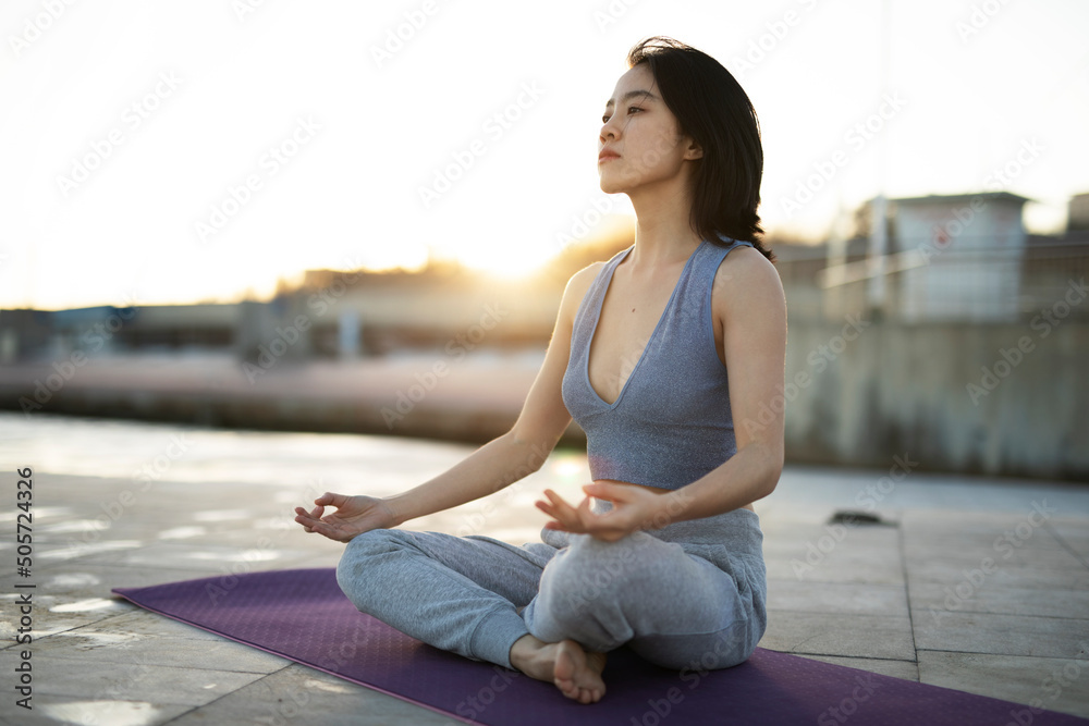 Beautiful young woman training outside. Fit woman doing yoga exercise.