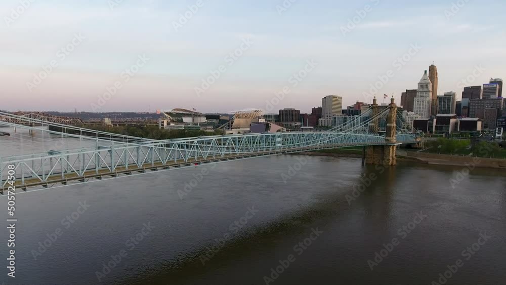 Drone shot of the John A. Roebling Bridge in Cincinnati Ohio, slow rotating Drone shot of the John A. Roebling Bridge in Cincinnati Ohio, slow rotating