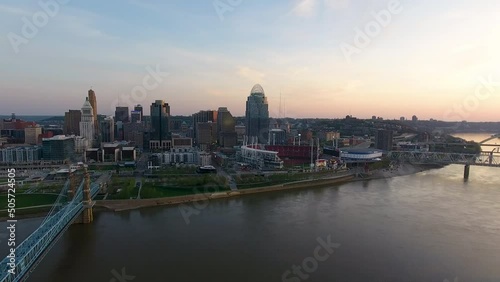 Wallpaper Mural Drone shot of downtown Cincinnati Ohio slowly revealing the Ohio River and the John A. Roebling Bridge Torontodigital.ca