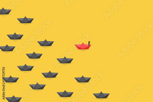 Man standing on paper ship with megaphone. Symbol of future, leadership different business routes, career opportunity success