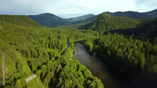 Panoramic Nature Video is a stock video that shows fine footage of Siberian river. Flying a drone camera over the rapids of Siberian mountain river and picturesque forest. Scenic nature video.