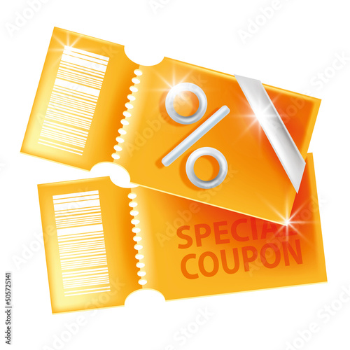 3D coupon, vector gift voucher, yellow discount lucky ticket, special offer promo isolated card. Loyalty program certificate, cashback web shopping label, percent sign. 3D coupon VIP sale clipart