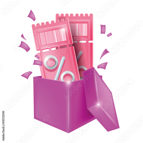 3d discount coupon, vector gift voucher banner, percentage sign, present box promo illustration. Special offer sale lucky pink ticket, online shopping cashback, loyalty program bonus gift. 3D coupon