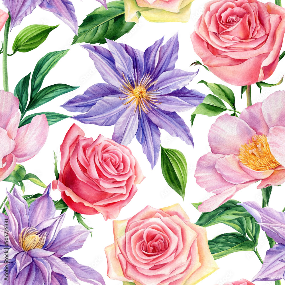 Seamless pattern of rose, peony, clematis flower background template. Watercolor floral greeting card, design