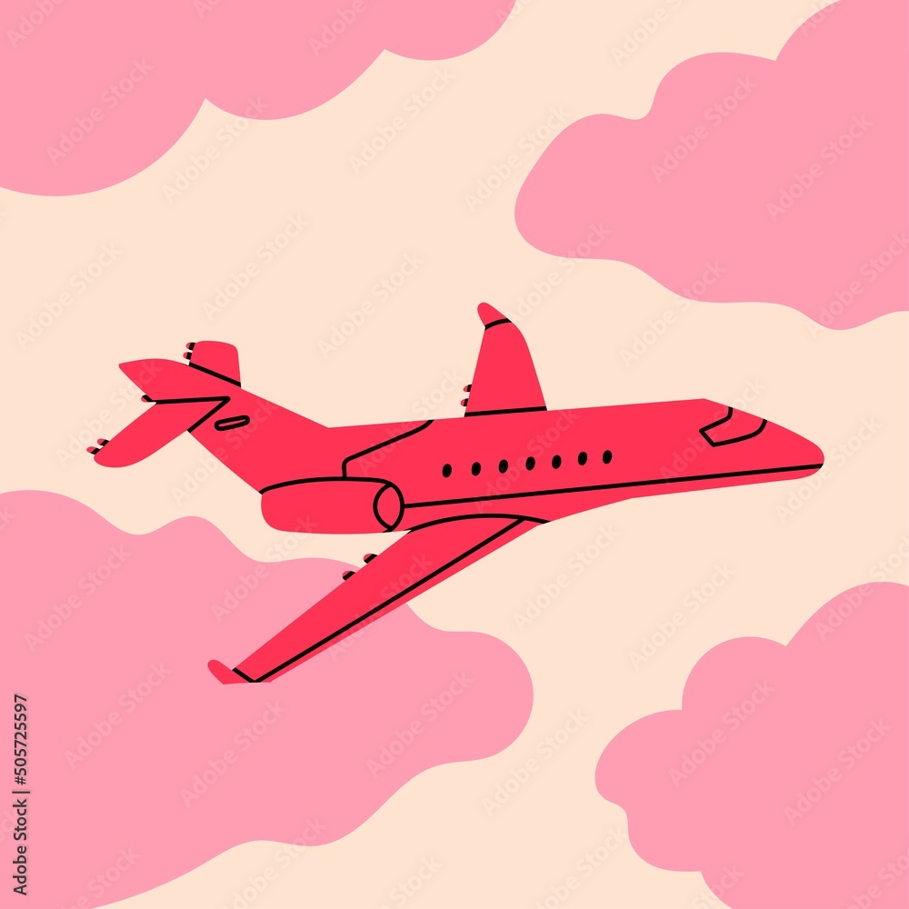Pink airplane flying in the cloudy sky. Silhouette of passenger plane.  Vacation, fast travel, transportation concept. Hand drawn Vector  illustration. Card, icon, logo, poster template. Cartoon style Stock Vector  | Adobe Stock
