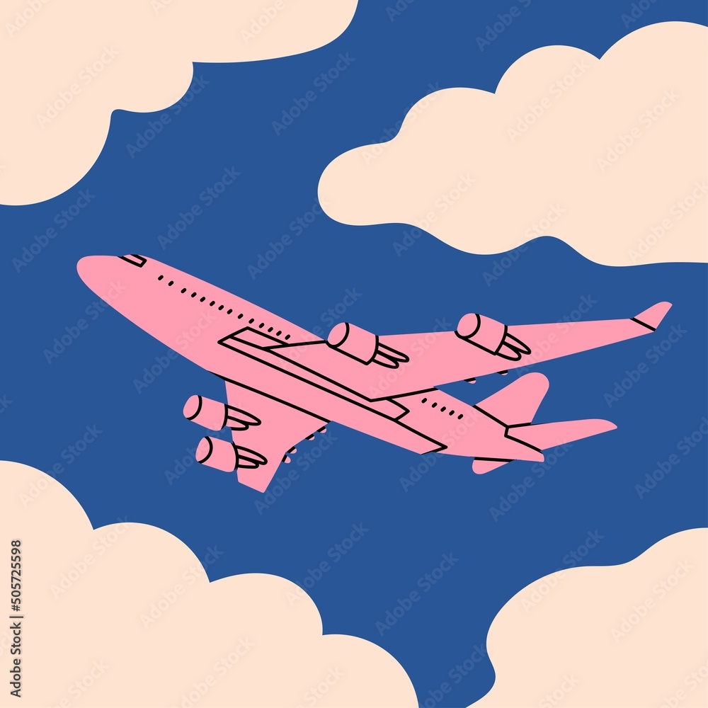 Pink airplane flying in the cloudy sky. Silhouette of passenger plane. Vacation, fast travel, transportation concept. Hand drawn Vector illustration. Card, icon, logo, poster template. Cartoon style - obrazy, fototapety, plakaty 