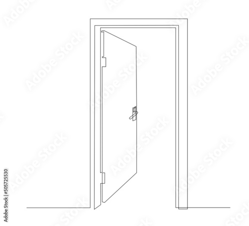 Open front door. Entrance to a room or office. Continuous line drawing. Vector illustration.