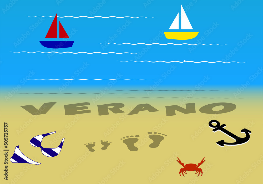 Verano, título en letras de arena mojada de la playa de arena dorada con huellas de pies mojadas, cangrejo, bikini, ancla y barcos en el mar