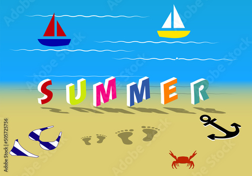 Verano en inglés, título en letras de colores sobre playa de arena dorada con huellas de pies mojadas, cangrejo, bikini, ancla y barcos en el mar