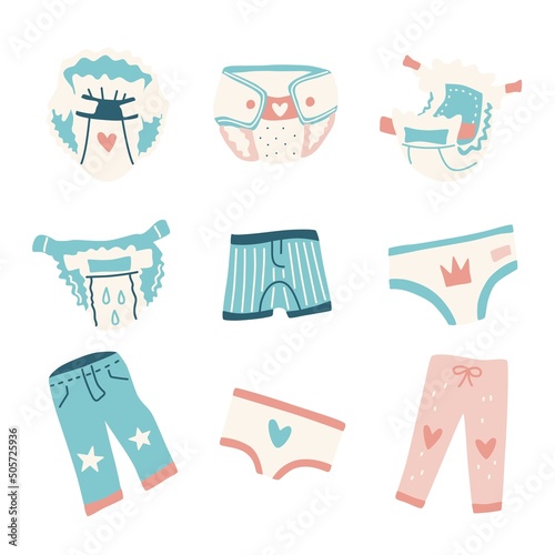 Baby diapers and underwear set. Vector hand drawn baby clothes.