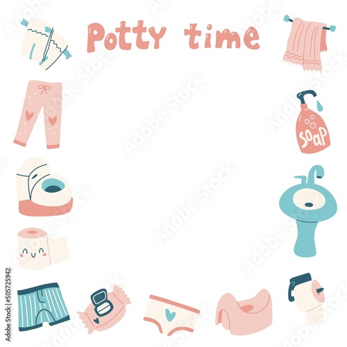 Potty time square frame with potty training elements. Vector.