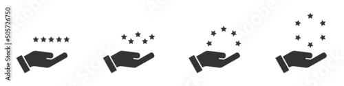 Hand holds stars on palm. Set of hands holding stars.